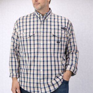 Columbia Mens PFG Super Bonehead Shirt Blue Yellow Plaid Fishing Approx Size 3X